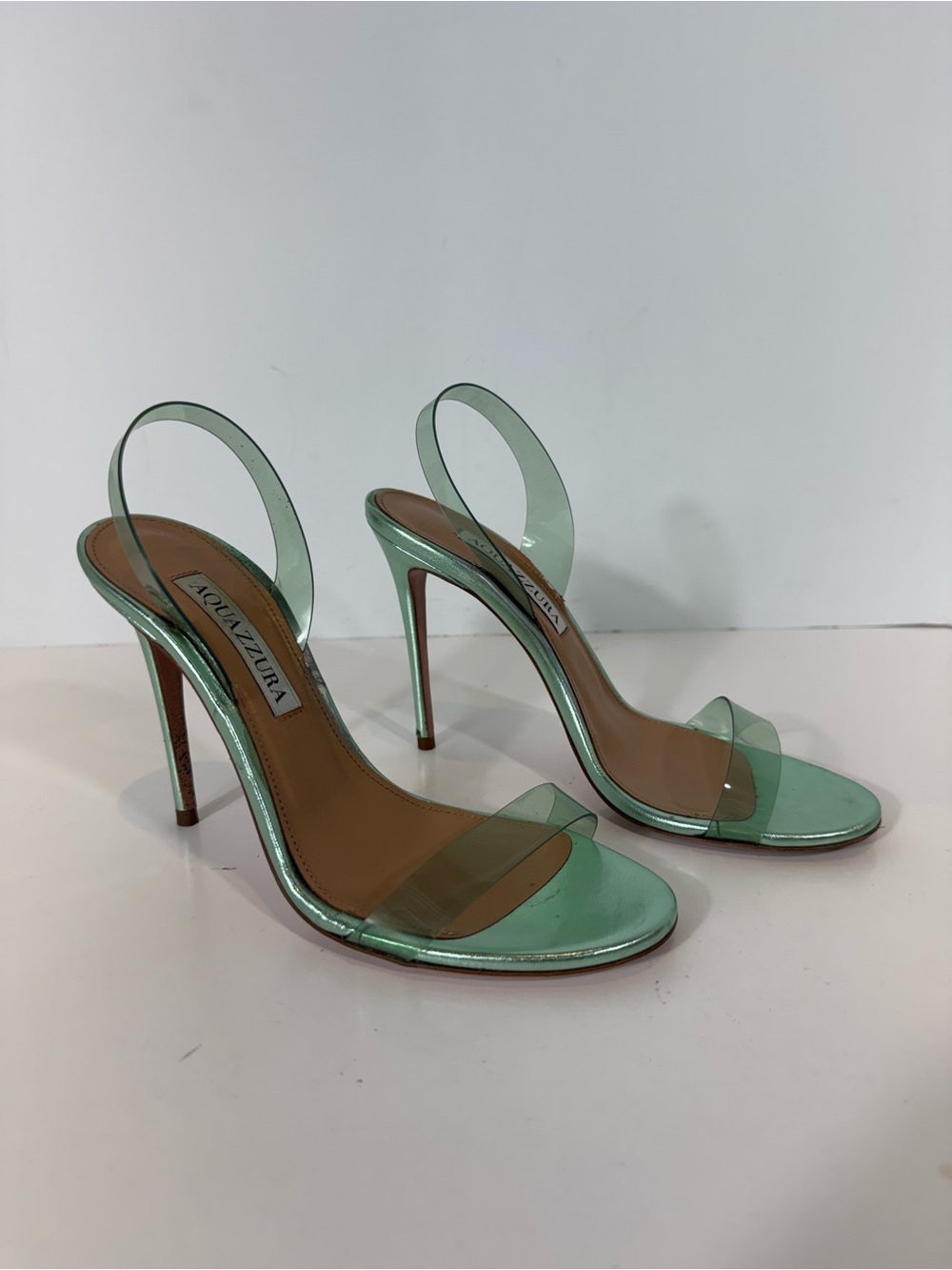 Aquazzura Mint Green Tequila PVC Slingback Stiletto Sandals Heels EU 35 US 5